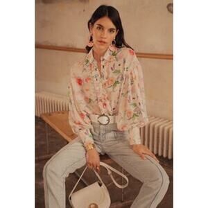 Maison Stella & Suzie Women's Shirt Top Floral Button Down Balloon Sleeve 38